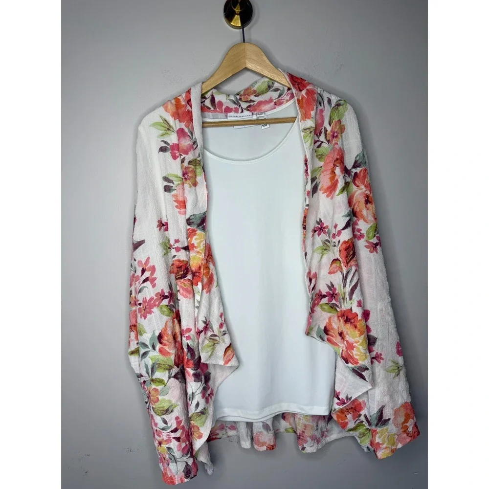 Susan Graver Regular Textured woven Cardigan & Knit Tank Set Floral•Size 1X #1A - Picture 2 of 6